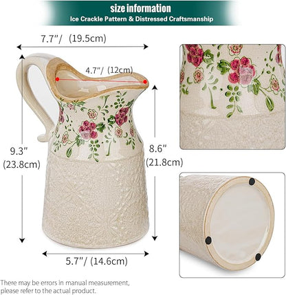 Sungmor Embossed Ceramic Pitcher Vase, Decorative Beige Farmhouse Ceramic Pitcher for Flowers, Vintage Textured Vase for Table, Kitchen & Home Decor, 9.2 Inch with Ice Crackle Glaze Finish