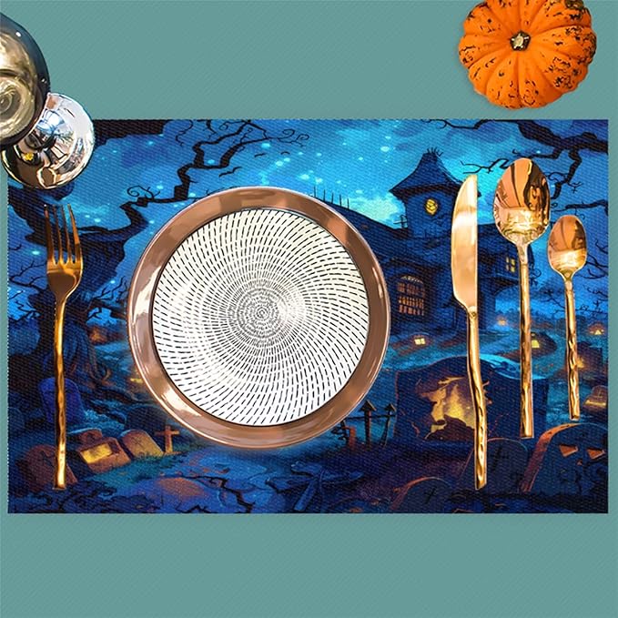 Halloween Castle Scary Blue Placemats Set of 4 PVC Vinyl Non Slip Table Mats Heat Resistant Place Mats Washable Wipeable Dining Table Mat for Kitchen Decor Party Indoor Outdoor Decorative Gift