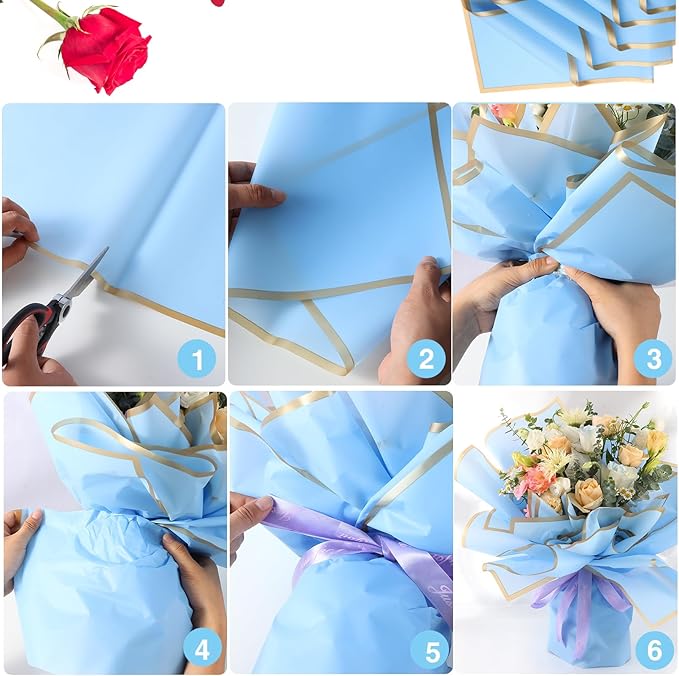 YIDATIKER 20 sheet Flower Wrapping Paper,waterproof floral wrapping paper for bouquets,DIY Florist Supplies Packaging Paper with satin ribbon for Wedding,Birthday,Valentine's Day(Blue