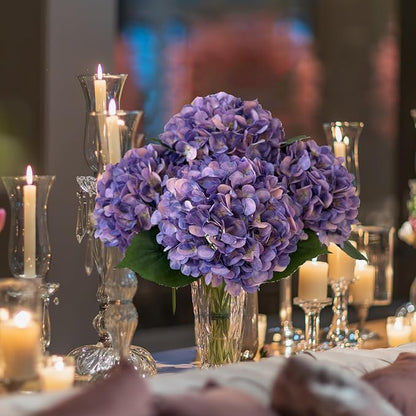 YalzoneMet 4Pcs Purple Silk Hydrangea Artificial Flower Lifelike Big Blooms 20'' Long Stem Faux Hydrangea Flower Bouquets for Home Party Indoor Outdoor Wedding Table Centerpiece Decor