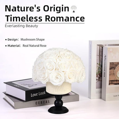 Luxury Preserved Flowers Blooms with Ceramic Base, Mushroom Shape Forever Eternal Natural Rose Gift Box for Home Table Decoration, Girlfriend Wife family Valentines Mothers Day Birthday (White)