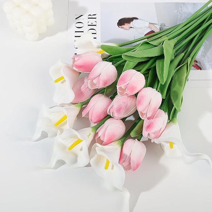 DEEMEI 16Pcs Artificial Pink Tulips & White Calla Lily Silk Fake Flowers 13.4" for Easter Mother's Day Home Kitchen Wedding Decorations