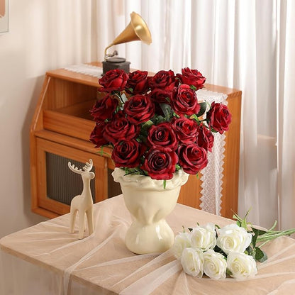 Nubry 24pcs Artificial Silk Roses Bulk,Fake Roses Flower with Stems Realistic Flowers for Wedding Centerpiece Home Party Decor(Burgundy)