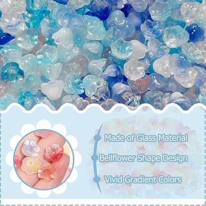LadayPoa 350pcs Glass Bellflower Beads for Jewelry Making Trumpet Flower Beads Gradient Clear Cute Bead for Bracelets Making Aesthetic Bead Charms for DIY Necklace Decoration-Blue Series