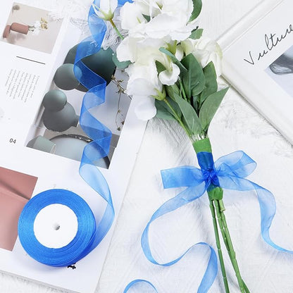 Royal Blue Ribbon for Gift Wrapping 1 inch Sheer Organza Ribbon for Flower Bouquet Tulle Thin Chiffon Ribbons for Wedding Invitations Presents Decorations Crafts 50 Yards