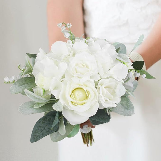 Rinlong 1Pc Wedding Bouquets for Bride Bridesmaids White Hydrangea Artificial Flowers Bridesmaids Bridal Bouquet for Wedding Prom
