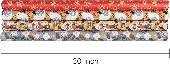 RUSPEPA Christmas Wrapping Paper, Kraft Paper - Dove, Snowflake, Flower, and House - 4 Rolls - 30 inches x 10 feet per Roll