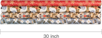 RUSPEPA Christmas Wrapping Paper, Kraft Paper - Dove, Snowflake, Flower, and House - 4 Rolls - 30 inches x 10 feet per Roll