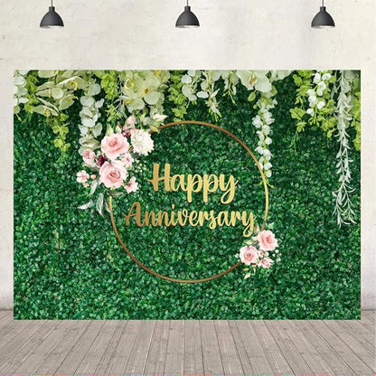 Ticuenicoa 5x3ft Green Grass Wall Floral Happy Anniversary Backdrop for Flower Love Cheers to 10 Years 50th Wedding Birthday Party Supplies Decorations Banner Photo Booth Props Gifts Background