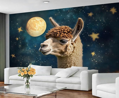 Starry Sky Alpaca Wall Mural, Dreamy Galaxy Moon Alpaca 3D Wall Murals, Cute Animal Wallpaper Mural, for Living Room Bedroom Large Wallpaper Indoor Decor 98.4" W x68.9 H