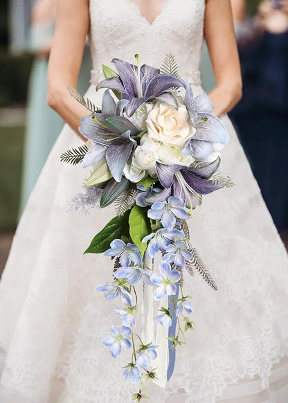 Bridal Bouquet,12 Inch Cascading Wedding Bouquets Bride Bouquets for Wedding Ceremony and Anniversary(Blue)