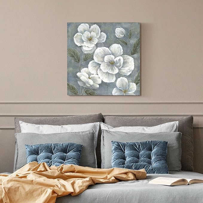 summer melody White Floral Canvas Wall Art - Vintage Blooming Gray Flowers Painting Abstract Botanical Picture Modern Prints Artwork for Bedroom Living Room