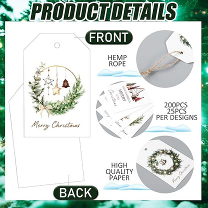 200 Pcs Christmas Gift Tags with String Christmas Natural Holiday Gift Name Tags to Personalize Xmas Presents Gifts Decoration for DIY Wrapping Crafts Party Favors(Wreath)