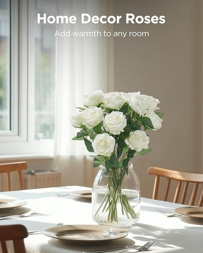 InnoGear 50 Pcs White Roses Artificial Flowers, Fake Velvet Silk Rose Bulk Faux Flower for Decoration DIY Wedding Centerpieces Proposal Bridal Bouquets Shower Party Home Floral Decor (50, White)