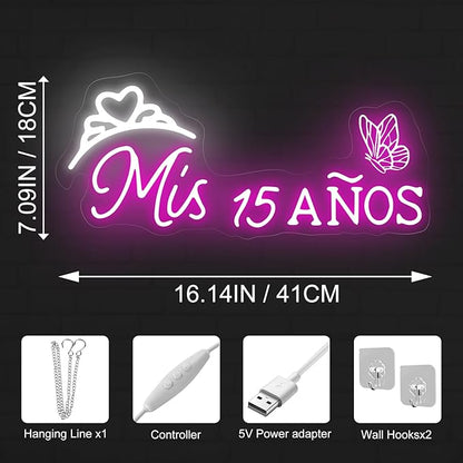 Mis 15 Anos Neon Sign, Sweet 15 Quince Party Sign with Dimmer Switch, Birthday Party Decor, Quinceanera Party Sign, Preppy Room Decor,Birthday Party Home Decorations, Mitzvah Gift-Pink-16"x7.09"