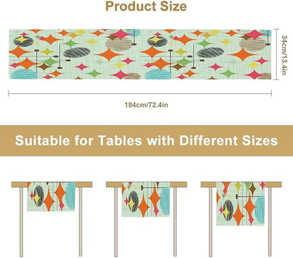 Mid Century Table Runner,Abstract Retro Modern Geometric Colorful Stripe Pattern Print Tablecloth Burlap for Hotel Indoors Outdoor Dining Room Kitchen Holiday Party, 13x80in