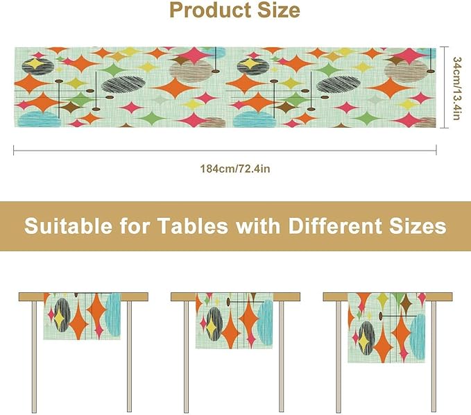 Mid Century Table Runner,Abstract Retro Modern Geometric Colorful Stripe Pattern Print Tablecloth Burlap for Hotel Indoors Outdoor Dining Room Kitchen Holiday Party, 13x70in