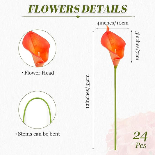 24 Pcs Artificial Calla Lily Flowers Fake Silk Flowers Real Touch for Wedding Bouquet Office Home Kitchen Decor (Coral)