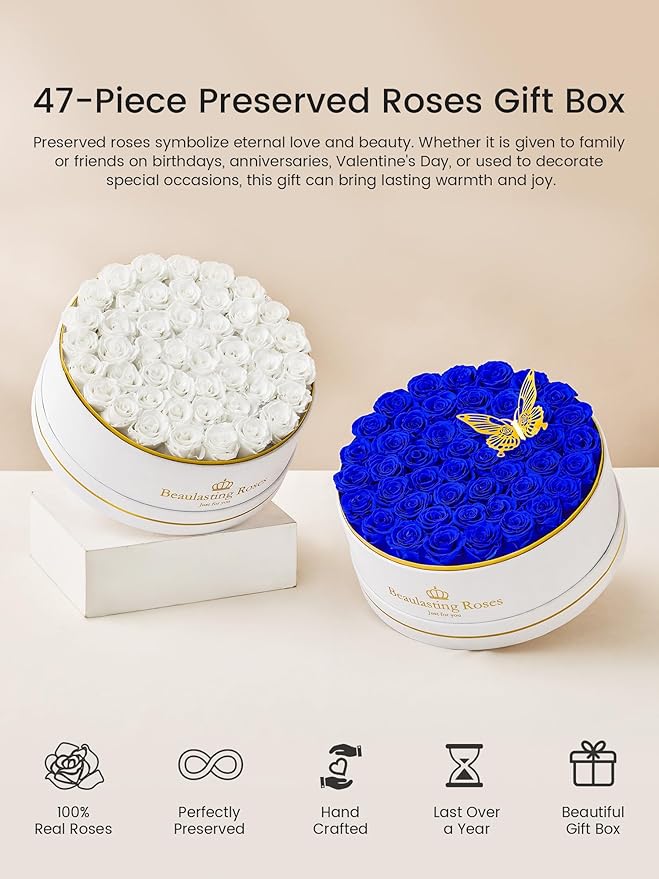 Preserved Roses Forever Flowers Real Roses in a Box Mother's Day Birthday Flowers for Her Mom Women Wife Valentine's Day, 47 White Roses