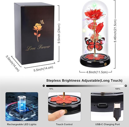 Christmas Rose Gifts for Women, Gift for Birthday Rechargeable Galaxy Glass Rose Light Up Roses In Glass Dome Forever Crystal Flowers Butterfly Xmas Gifts for Women Mom Grandma Sister Her Wife Red
