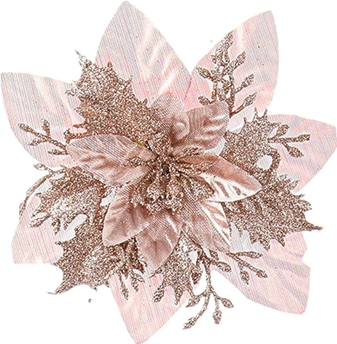 Zhuqing 15Pcs Christmas Poinsettia Artificial Flowers Decorations, Glitter Poinsettia Christmas Tree Ornaments, Rosegold Tree Flower for Xmas/Party/Holiday/Wreath/Garland Decor, with Cilps, 5.5 Inch