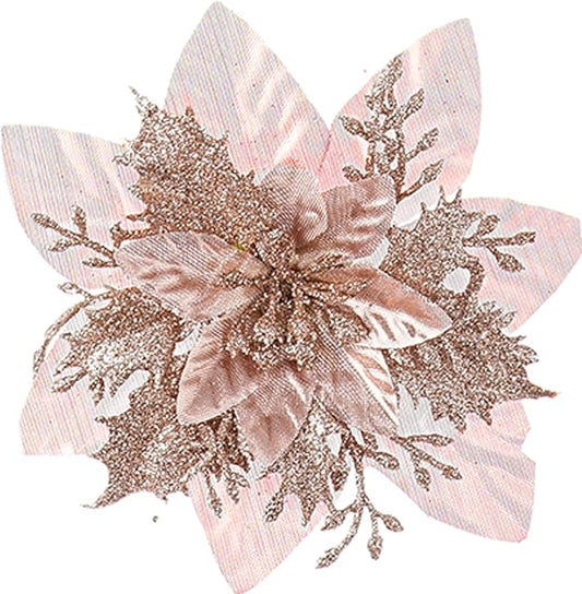 Zhuqing 15Pcs Christmas Poinsettia Artificial Flowers Decorations, Glitter Poinsettia Christmas Tree Ornaments, Rosegold Tree Flower for Xmas/Party/Holiday/Wreath/Garland Decor, with Cilps, 5.5 Inch