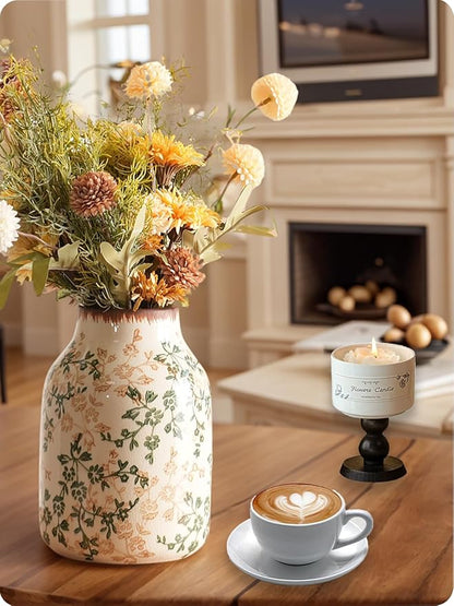 Vintage Ceramic Vase - 7.8 Inch Hand-Painted Flowers with Ice Crackle Glaze Finish, American Farmhouse Style Pitcher Vase for Home Decor, Centerpiece, Shelf, Table, Office