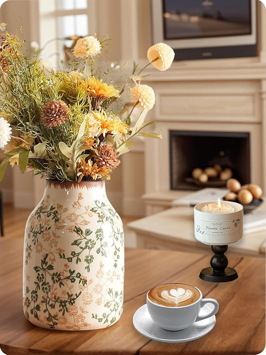Vintage Ceramic Vase - 7.8 Inch Hand-Painted Flowers with Ice Crackle Glaze Finish, American Farmhouse Style Pitcher Vase for Home Decor, Centerpiece, Shelf, Table, Office