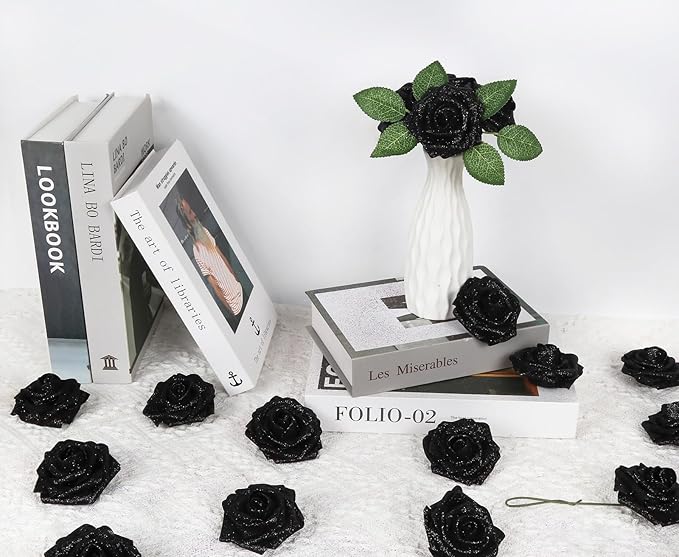 Fake Black Roses 30PCS Glitter Roses 3.15" Artificial Foam Flowers for Wedding Christmas DIY Wreath Home Table Floral Arrangement(Black)