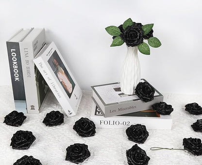 Fake Black Roses 30PCS Glitter Roses 3.15" Artificial Foam Flowers for Wedding Christmas DIY Wreath Home Table Floral Arrangement(Black)
