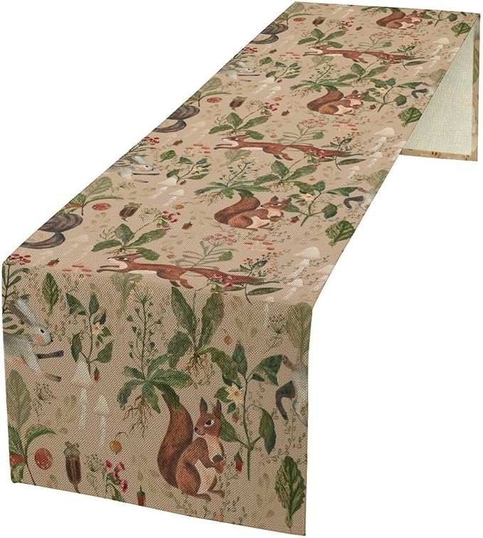 Rustic Woodland Table Runner, Retro Cabin Lodge Fairy Tale Forest Wild Animals Hare Squirrel Print Table Runner for Kitchen Dining Home Decor Wreath Party Decoration, 13x108inch