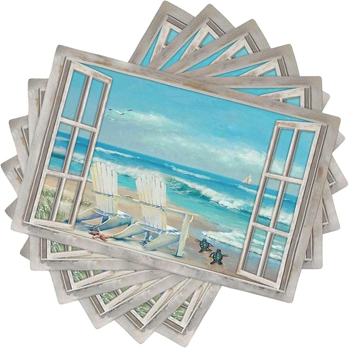 Coastal Beach Placemats Set of 6 Seascape Ocean Table Mats Washable Place Mats for Home Party Indoor Kitchen Dining Table Decoration 12x18 Inch