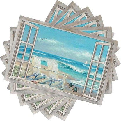 Coastal Beach Placemats Set of 6 Seascape Ocean Table Mats Washable Place Mats for Home Party Indoor Kitchen Dining Table Decoration 12x18 Inch