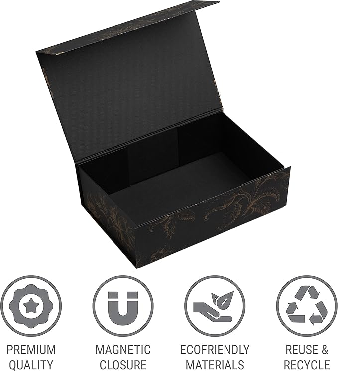 Luxury Keepsake Gift Box | Black Gold Floral Decorative Boxes with Magnetic Lids for Presents, Wedding Memory Box, and Bridal Gifts. 11.5" x 7.5" x 3.5"