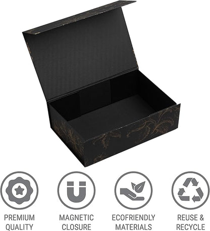 Luxury Keepsake Gift Box 3-Pack | Black Gold Floral Decorative Boxes with Magnetic Lids for Presents, Wedding Memory Box, and Bridal Gifts. 11.5" x 7.5" x 3.5"