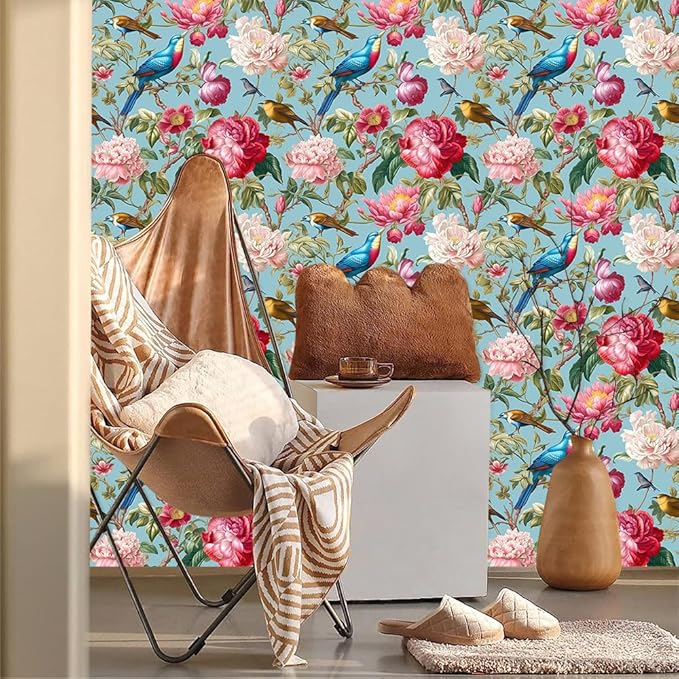 Vintage Pink Blue Peony Floral Birds Peel and Stick Wallpaper Easy Peel Off Contact Paper Stick on Adhesive Wall Paper for Bathroom Waterproof Renter Friendly