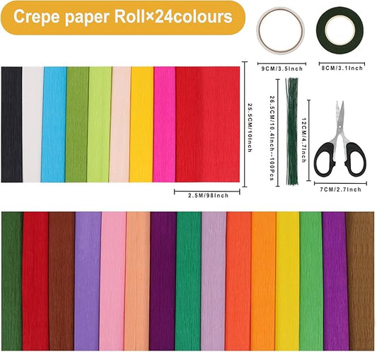 24 Colors Crepe Paper Rolls, 10 x 98 Inch Wide Crepe Paper Sheets with 100 Pcs Green Floral Iron Wire, Floral Band, Double-Sided Tape, and Scissors for Birthday Parties Weddings Festival Decoration