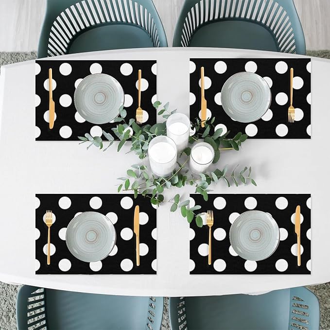Black White Polka Dot Placemats Set of 6 PVC Vinyl Non Slip Table Mats Waterproof Heat Resistant Place Mats Washable Wipeable Dining Table Mat for Kitchen Party Farmhouse Indoor Outdoor Decorative
