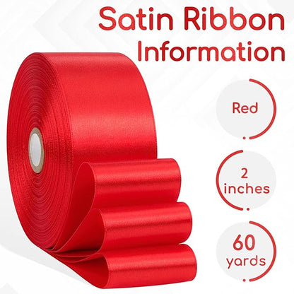 Red Ribbon 2 Inch, 60 Yards Red Satin Ribbon for Flower Bouquet, Crafts, Gift Wrapping, Handmade Roses, Bows, Wedding and Festival Decor