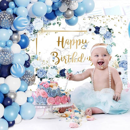 MEHOFOND 10x7ft Happy Birthday Backdrop Blue and White Flowers Bday Photography Background Girls Geometric Gold Glitter Dots Birthday Floral Party Decorations Cake Smash Decor Studio Photo Props