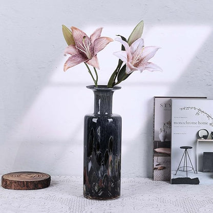 Hand Blown Glass Vase Smoke Gray – Murano Style Art Glass Vase with Wide Mouth for Flowers, Unique Bubble Vase, Modern Coastal Glass Decor for Dining Room, Coffee Table, Living Room Display(Gray)
