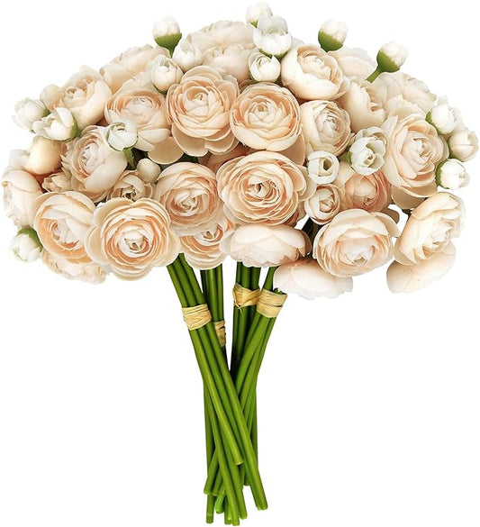 24 Pcs Ranunculus Artificial Flowers 10.5", Mini Faux Silk Ranunculus with Stem, Fake Flowers for Home Decor Indoor Wedding Bouquets Centerpieces (Champagne)