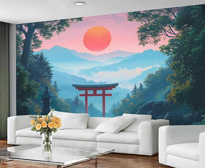 KIREUPA Japanese Torii Gate Wall Mural, Sunrise Mountain Landscape 3d Wall Murals, Zen Nature Art Wallpaper Mural, for Living Room Bedroom Large Wallpaper Indoor Decor 78.7" W x55.1 H