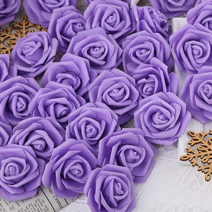 IPOPU Artificial Rose Flower Heads, 100 Pcs Real Looking Purple Foam Fake Roses for DIY Wedding Baby Shower Centerpieces Arrangements Party Tables Home Decorations (Purple 1, Stemless)