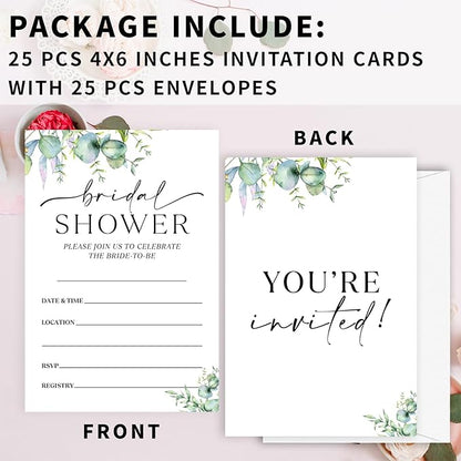 25 Set Greenery Bridal Shower Party Invitations with Envelopes, Spring Botanical Wedding Bridal Shower Party Supplies Invitation Cards-A14