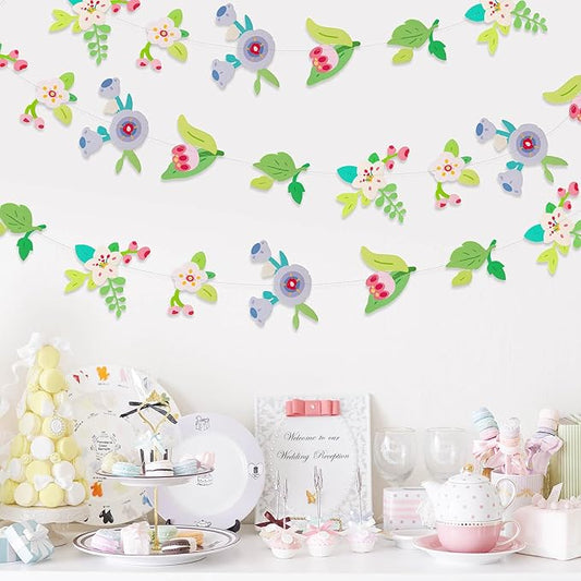 Dayker 2PCS Flower Fairy Decoration Banner, Woodland Floral Greenery Leaf Hanging Garland, Original Paper Wildflower Party Decor for Birthday Baby Shower Garden Wedding Backdrop