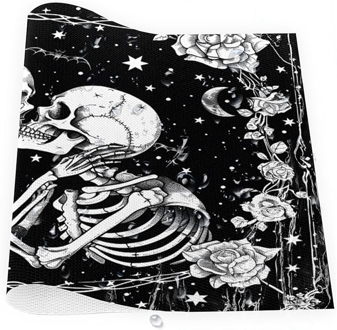 Halloween Skull Goth Flower Placemats Set of 6 PVC Vinyl Non Slip Table Mats Heat Resistant Place Mats Washable Wipeable Dining Table Mat for Kitchen Decor Party Indoor Outdoor Decorative Gift