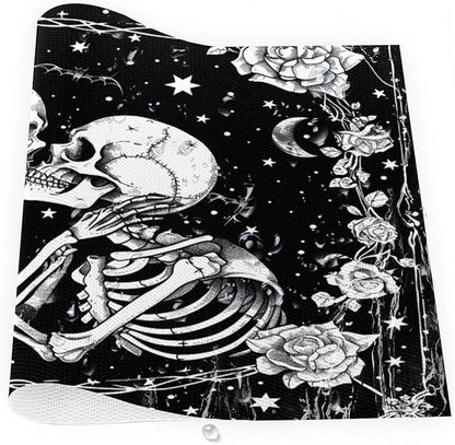 Halloween Skull Goth Flower Placemats Set of 4 PVC Vinyl Non Slip Table Mats Heat Resistant Place Mats Washable Wipeable Dining Table Mat for Kitchen Decor Party Indoor Outdoor Decorative Gift
