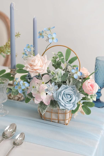 Blue Pink Artificial Flowers Set - Fake Roses, Peonies, Silk Flowers with Stems for DIY Wedding Bouquets,Floral Arrangement,Table Centerpieces,Baby Shower, Home Decor