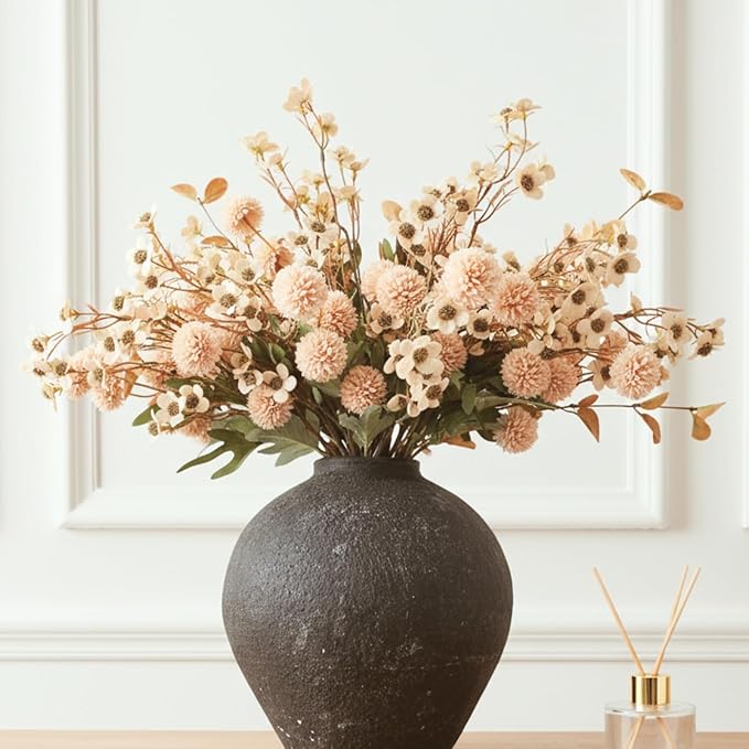 Beige Silk Flower Arrangements For Home Decor, Large Floral Centerpieces For Tables, Fake Mums + Eucalyptus + Wild Flowers in Bulk, Long Stem Artificial Flowers Coffee Dining Table, Faux Mums Flowers